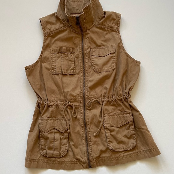 Old Navy 100% Cotton Tan Zip Front Utility Vest,  with Pockets and Tie Waist - Picture 6 of 6